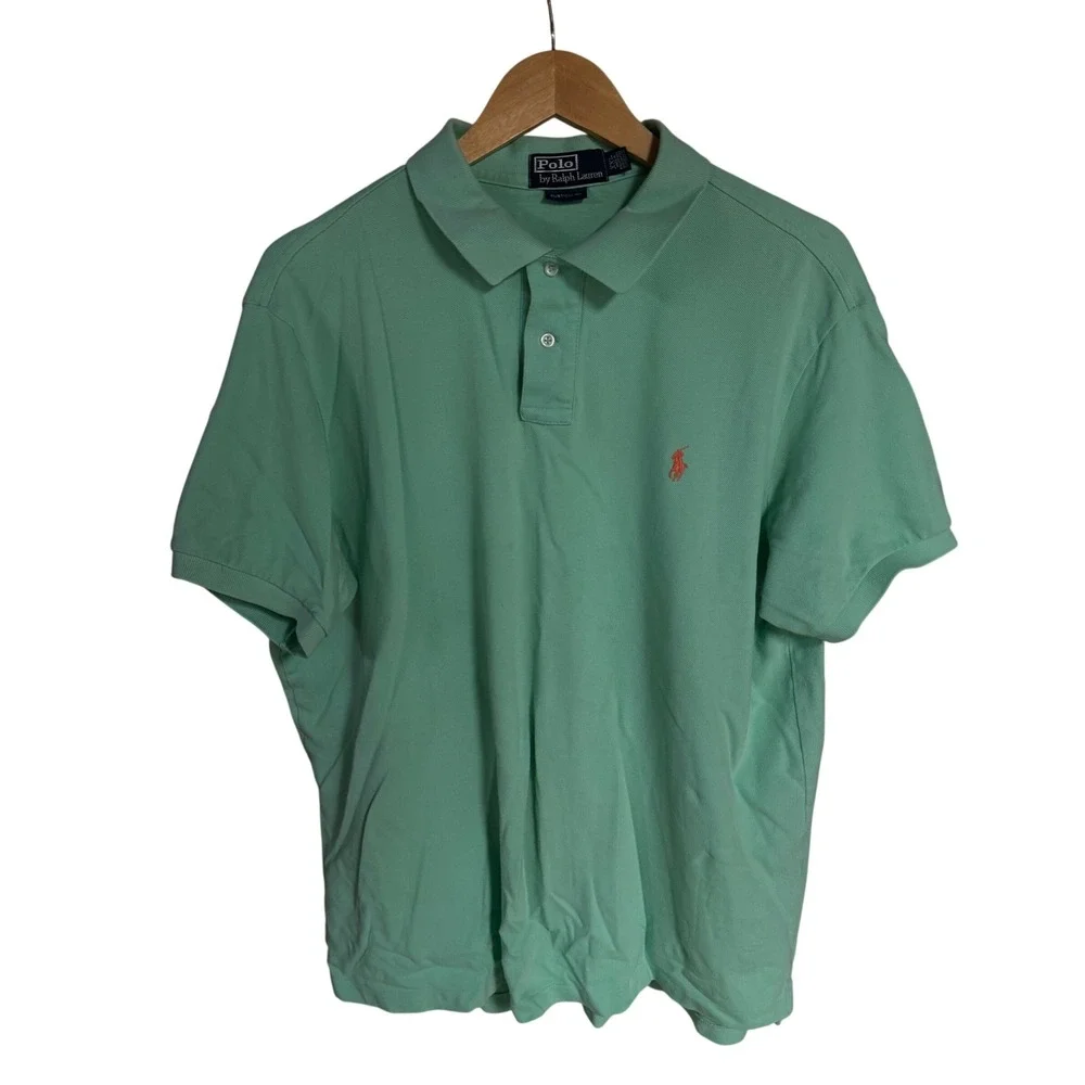 Polo Ralph Lauren Mens XXL Custom Fit Mint Green Pique Polo‎ Shirt Orange Pony